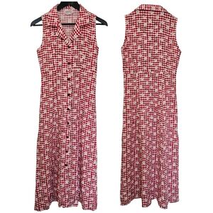 Vintage Red and White Sleeveless Midi Dress with Notched Collar